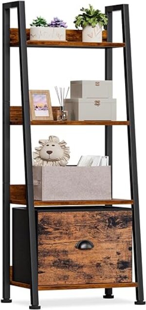 Furologee 4-Tier Rustic Ladder Bookshelf with Drawer