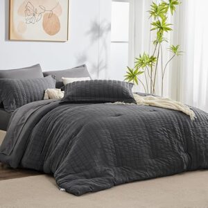 CozyLux King Seersucker 7-Piece Dark Grey Bedding Set