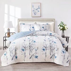 Flysheep King Size Blue Floral Quilt Set