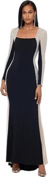 Xscape Long Sleeve Caviar Beaded Mesh Dress