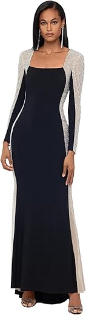 Xscape Long Sleeve Caviar Beaded Mesh Dress
