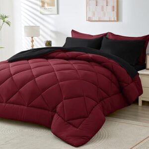 HEVUMYI Red and Black Reversible Queen Comforter Set