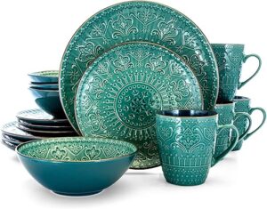 Elama Round Embossed Stoneware Dinnerware Set, 16 Piece