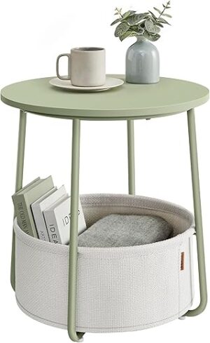 VASAGLE Small Round Side Table with Fabric Basket