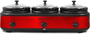 Elite Gourmet Triple Slow Cooker Buffet Server, Red