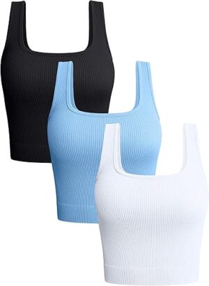 OQQ Women's 3-Piece Ribbed Seamless Workout Tops