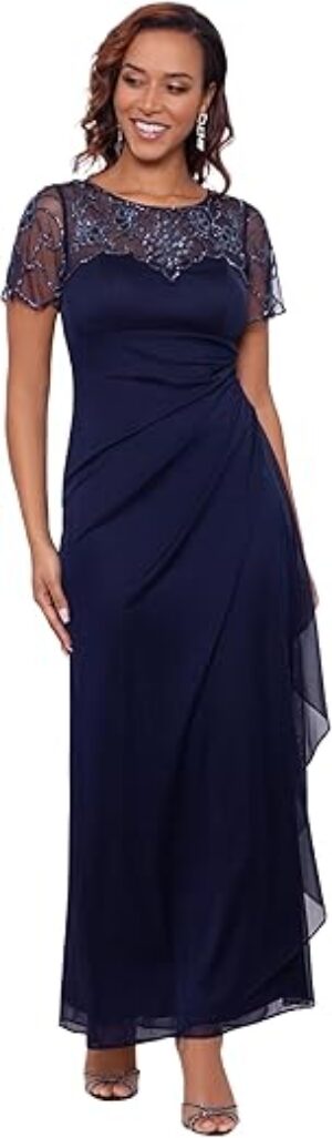 Xscape Beaded Sequin Illusion Neckline Dress