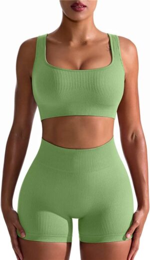 OQQ Workout Outfits Seamless Ribbed Leggings Set