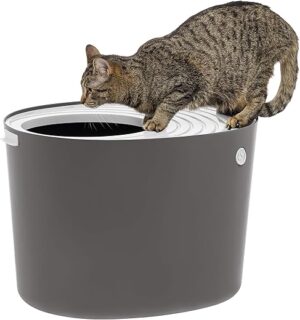 IRIS Large Top Entry Cat Litter Box, Dark Gray/White