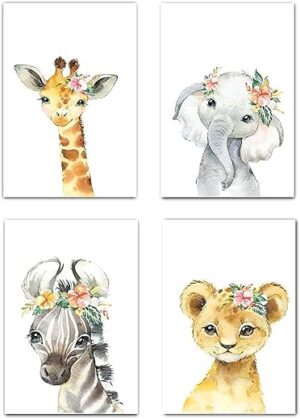 Designs by Maria Inc. Safari Nursery Decor Set, Flower Crown Watercolor Wall Art (8...)