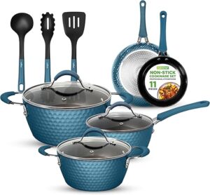 NutriChef 11 Pc Non Stick Cookware Set, Royal Blue
