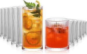 INSETLAN 12-Piece Ribbed Glassware Set
