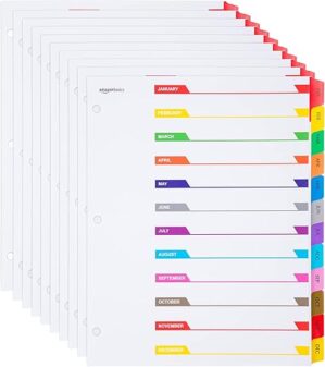 Amazon Basics 12 Tab Monthly Dividers, Multicolor, 10-Pack