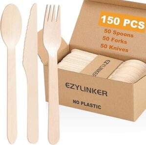 EZYLINKER 150 Count Disposable Wooden Cutlery Set