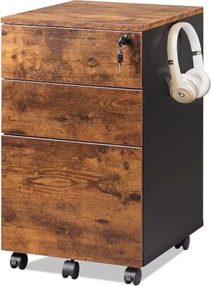 DEVAISE 3 Drawer Rolling File Cabinet, Rustic Brown