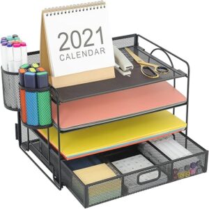 Marbrasse 4-Trays Desktop File Organizer With Pen Holder
