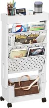 POBOMULI 5-Tier Mobile Bookshelf with Wheels, White