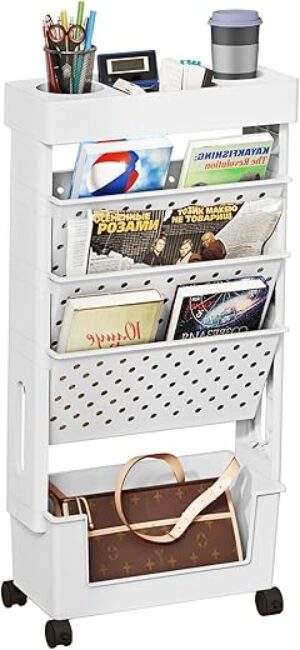 POBOMULI 5-Tier Mobile Bookshelf with Wheels, White