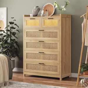 AOGLLATI 6 Drawer Rattan Wood Dresser With LED