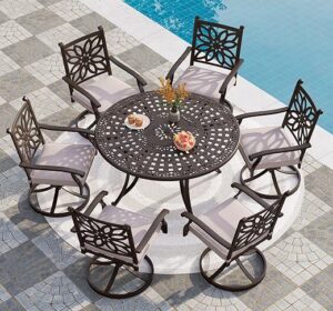 PHI VILLA Cast Aluminum Patio Dining Set, 7 Piece