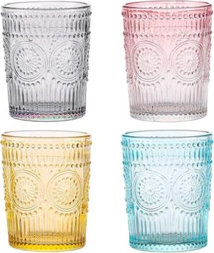 Amzcku Colored Drinking Glasses Set, Vintage Glassware 10 oz