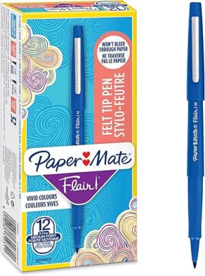 Paper Mate Flair Felt Tip Pens, Medium Point, Blue, 12 Count
