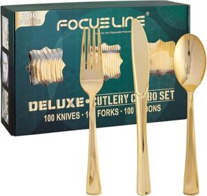 FOCUSLINE Gold Plastic Silverware Set - 300 Count