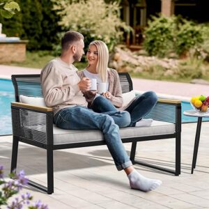YITAHOME Patio Wicker Loveseat With Wooden Armrest