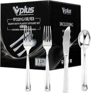 Vplus Silver Plastic Silverware Set, 320 Pieces