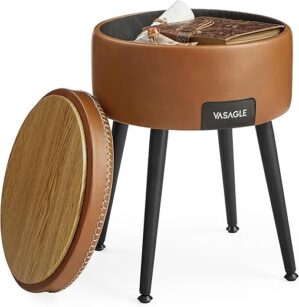 VASAGLE Storage Ottoman, Synthetic Leather Stool, Caramel