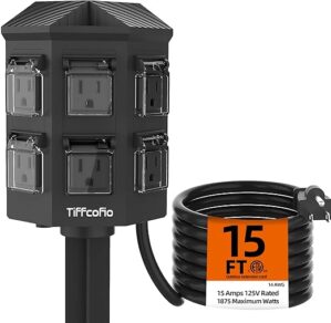 Tiffcofio Weatherproof Outdoor Power Strip, 15 FT Cord