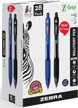 Zebra Z-Grip Retractable Ballpoint Ink Pens, 28 Pack