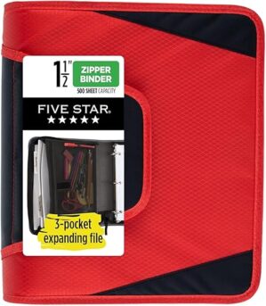 Five Star Zipper Binder, 1-1/2 Inch, 3-Pocket, Red (72206)