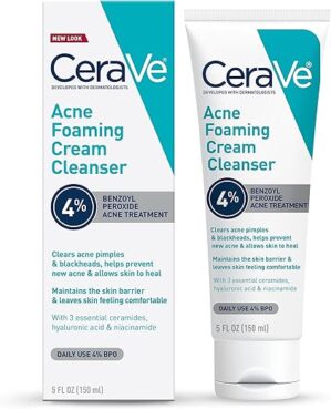 CeraVe Acne Foaming Cream Cleanser, 4% Benzoyl Peroxide