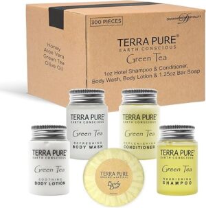 Terra Pure Bulk Hotel Toiletries Set | 1oz Shampoo, Conditioner, Body Wash