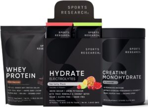 Sports Research Creatine Monohydrate, Electrolytes Packets, Chocolate Whey Protein