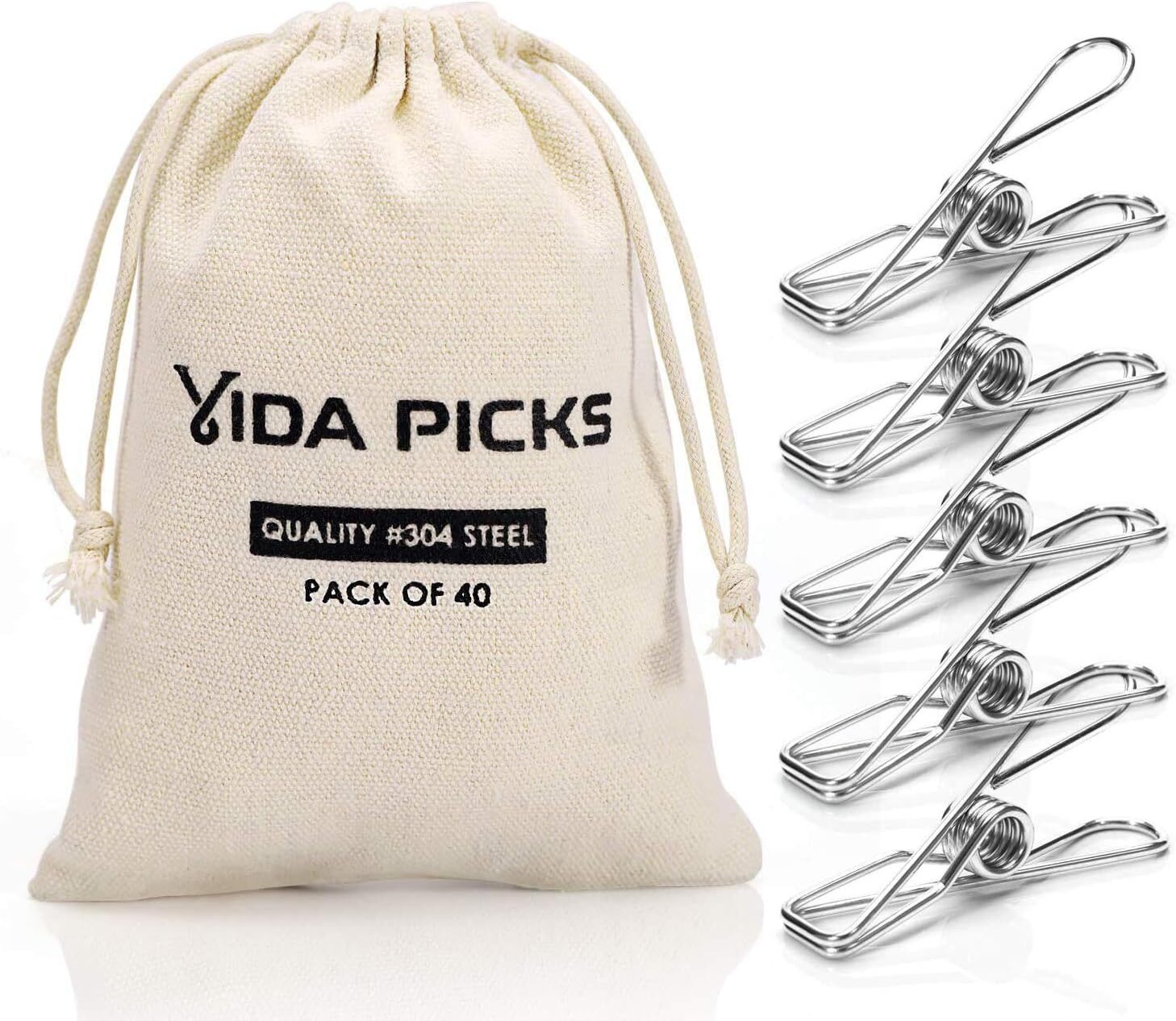 Vida Picks 40 Pack Heavy Duty Stainless Steel Clothespins