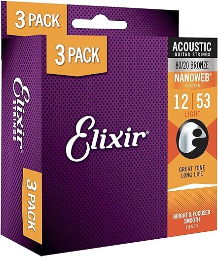 Elixir Acoustic Guitar Strings, 80/20 Bronze, NANOWEB Coating, Light 12-53