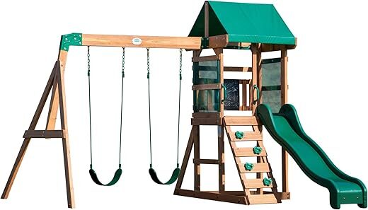 Backyard Discovery Buckley Hill Wooden Swing Set, Two Belt Swings, Covered Fort