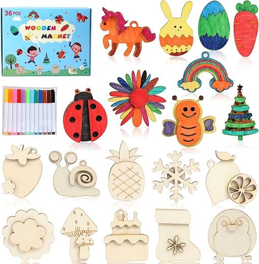 Worgree DIY Wooden Magnets, 36 Pcs Art Kit