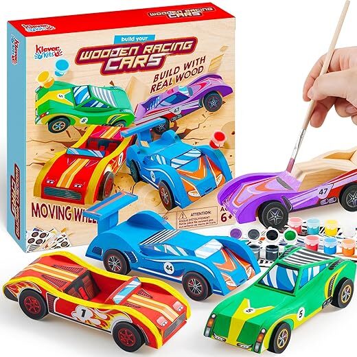 Klever Kits DIY Wooden Race Cars Kit, 4 Pack