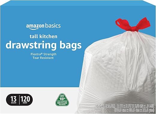 Amazon Basics Flextra Tall Kitchen Drawstring Trash Bags, 13 Gallon