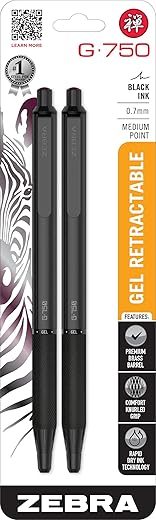 Zebra G-750 Retractable Gel Pen, Black, 2-Pack (49812)