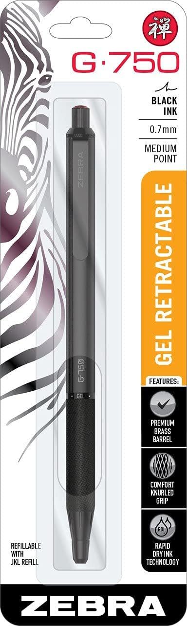 Zebra G-750 Retractable Gel Pen, Black Barrel