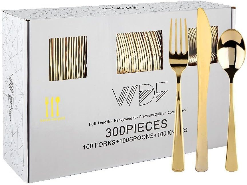 WDF Gold Plastic Silverware Set – 300 Pieces