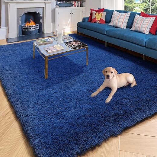 Amdrebio Navy Blue Area Rug, Fluffy Shag
