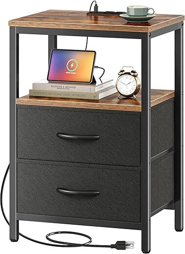 Huuger Rustic Nightstand with Charging Station