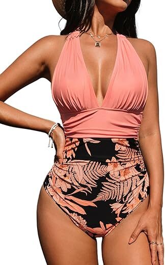 CUPSHE One Piece Halter Backless Ruched Tummy Control Bathing Suit