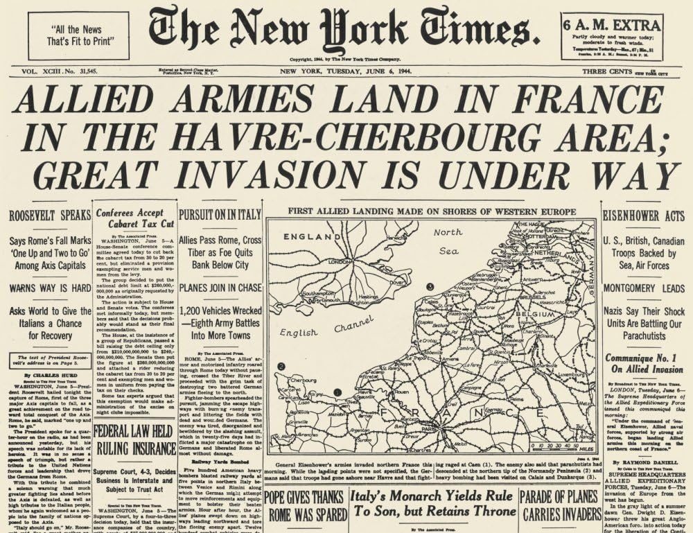 WWII D-Day Newspaper: The New York Times 6 June 1944